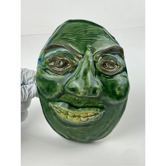 Handmade Ceramic Pottery Face Green Man Monster Mask Sculpture Unique Small EK21 - Picture 1 of 7